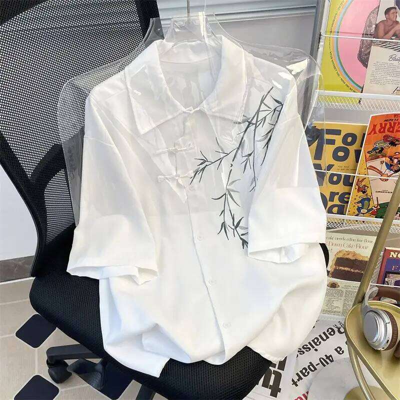 2026 Short Sleeve Embroidery Shirt Asian Style Trend White Black Shirts Summer Casual Button Down Blouses Women Blusas Mujer Asia Size