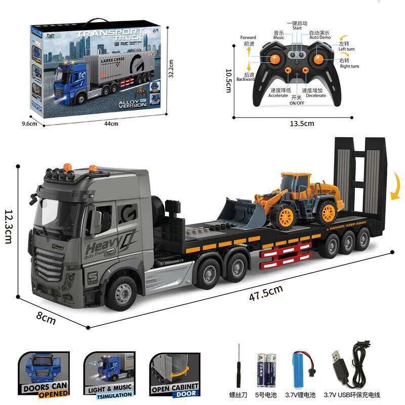 Car Big Remote Control Oil Tank 9ch Alloy Electronic Simulation Trailer Led Music Rc Container Truck Rechargeable Toy C260305