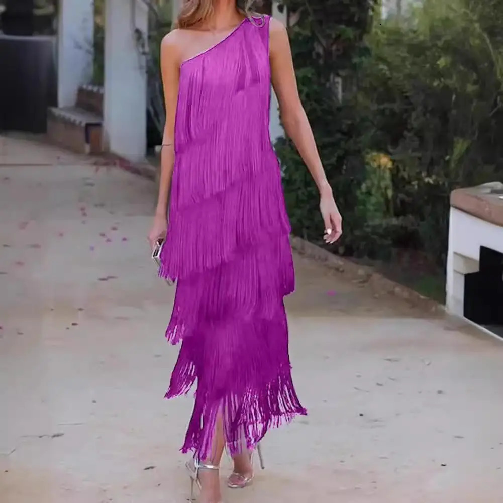 Spring Summer Dress Cocktail Party Elegant Fringed Tassel Evening for Women One Shoulder Maxi 260302