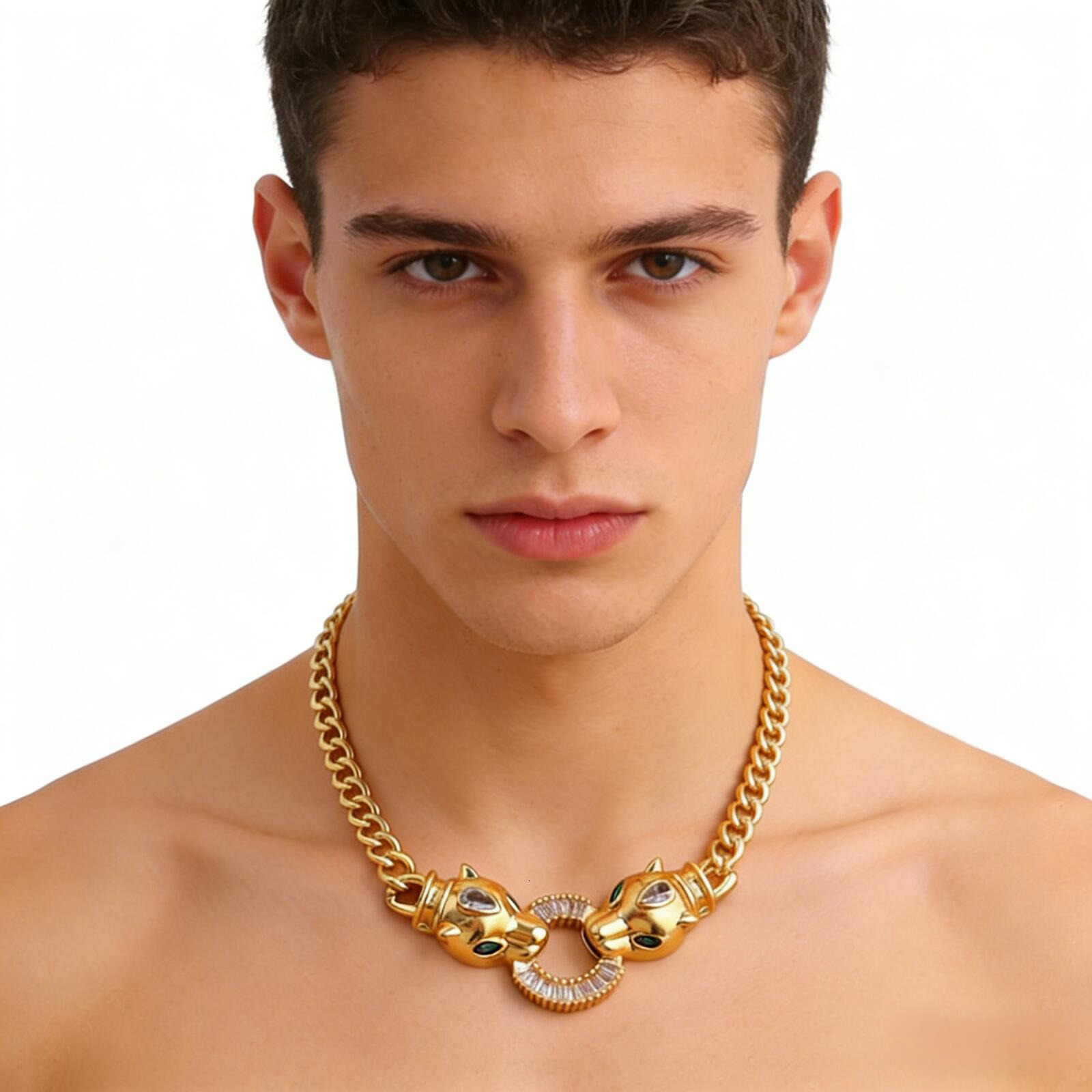 necklace new fashion trend personalized hip-hop copper micro-inlaid zircon double-headed leopard necklace, adjustable punk style necklace