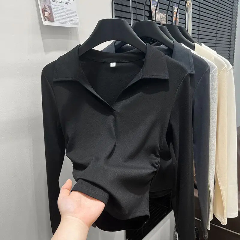 Autumn Cotton Sexy Womens T Shirt Long Sleeve Skinny Slim Basic Solid Black White Crop Top Polo TShirt Casual Tee for Women 260228