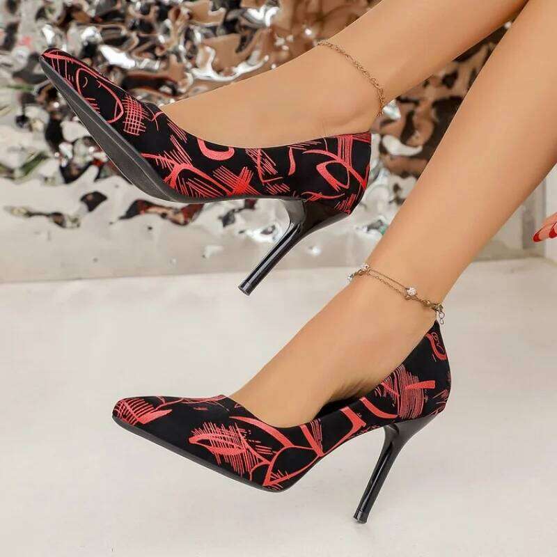 2026 Spring Plus Size Stiletto Heels Sexy Pointed Toe Graffiti Pumps | Color Block Party Dance Shoes For Women