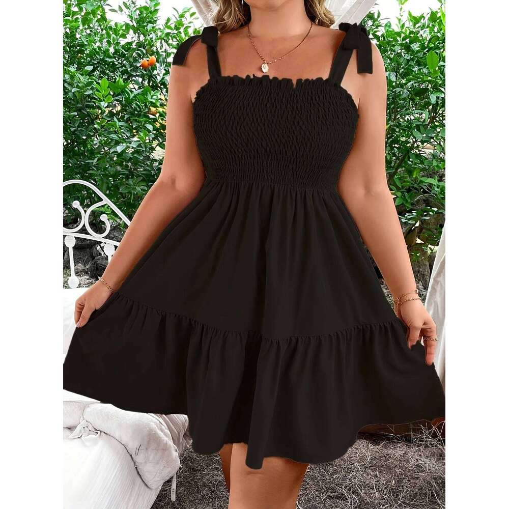 Ladies Solid Elastic Strap Butterfly Knot A-Line Halter Dress Vacation Gown Women's plus Size Clothing