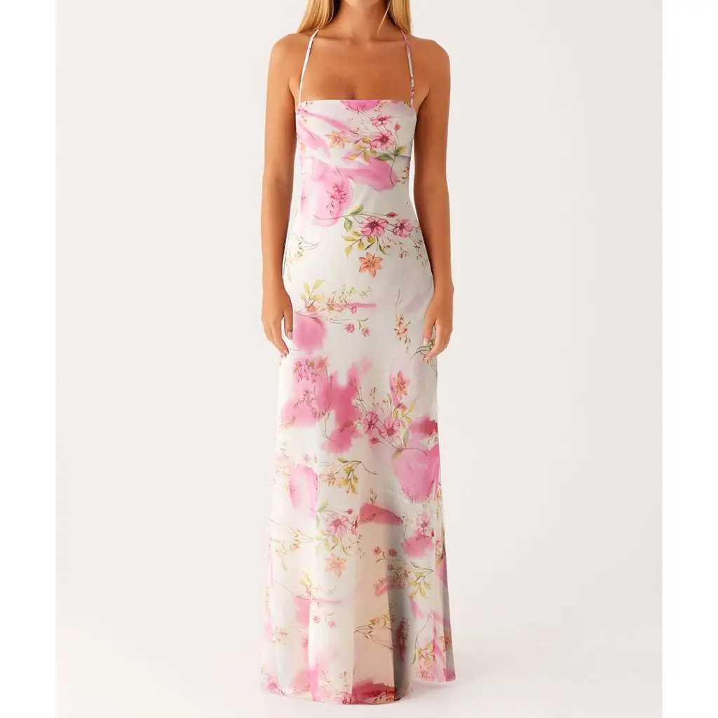 Womens Elegant Y2K Floral Print Sleeveless Summer Cross Tie-Up Backless Fashion Spaghetti Strap Cami Slip Long Dress X260306