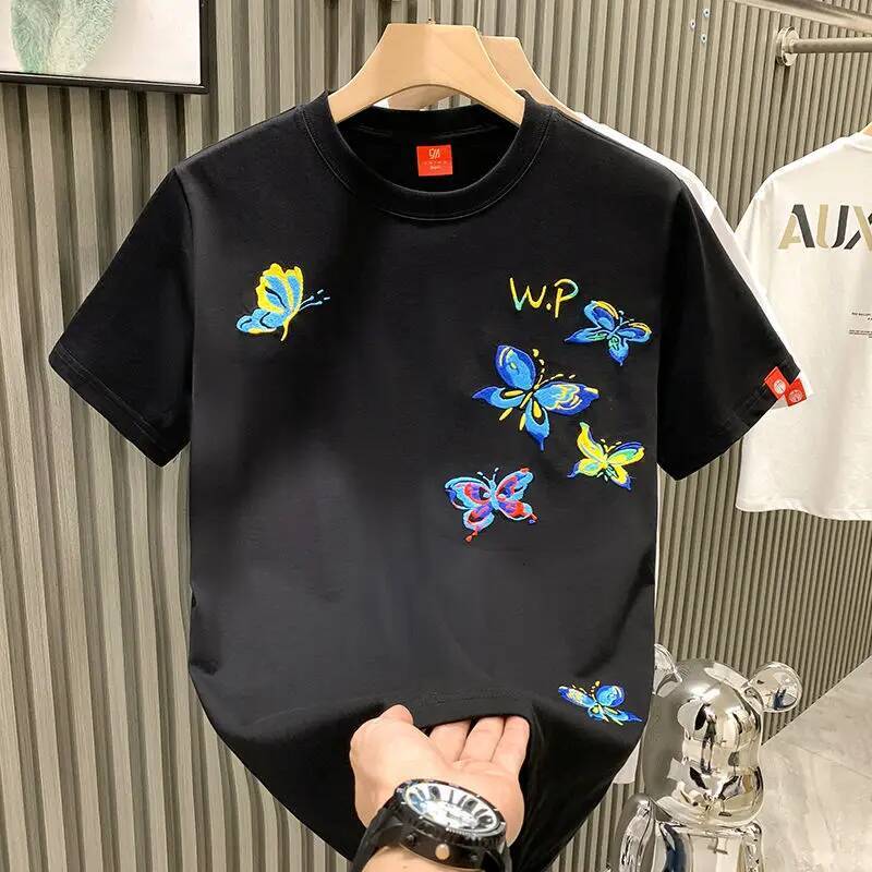 Men T shirt Heavy Industry Butterfly Embroidery High-end Niche Design Sense Youth Short-Sleeved T-shirt Men's Fashion Trendy Brand