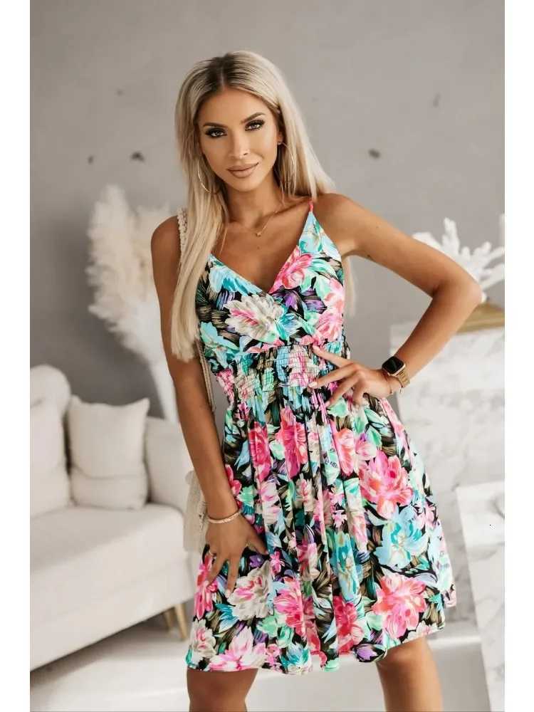 New Fashion Womens Summer Wrap Pleated Dresses Ladies Floral Print Sexy Spaghetti Strap Sling DressBeach Dress A Line Sundress X260306