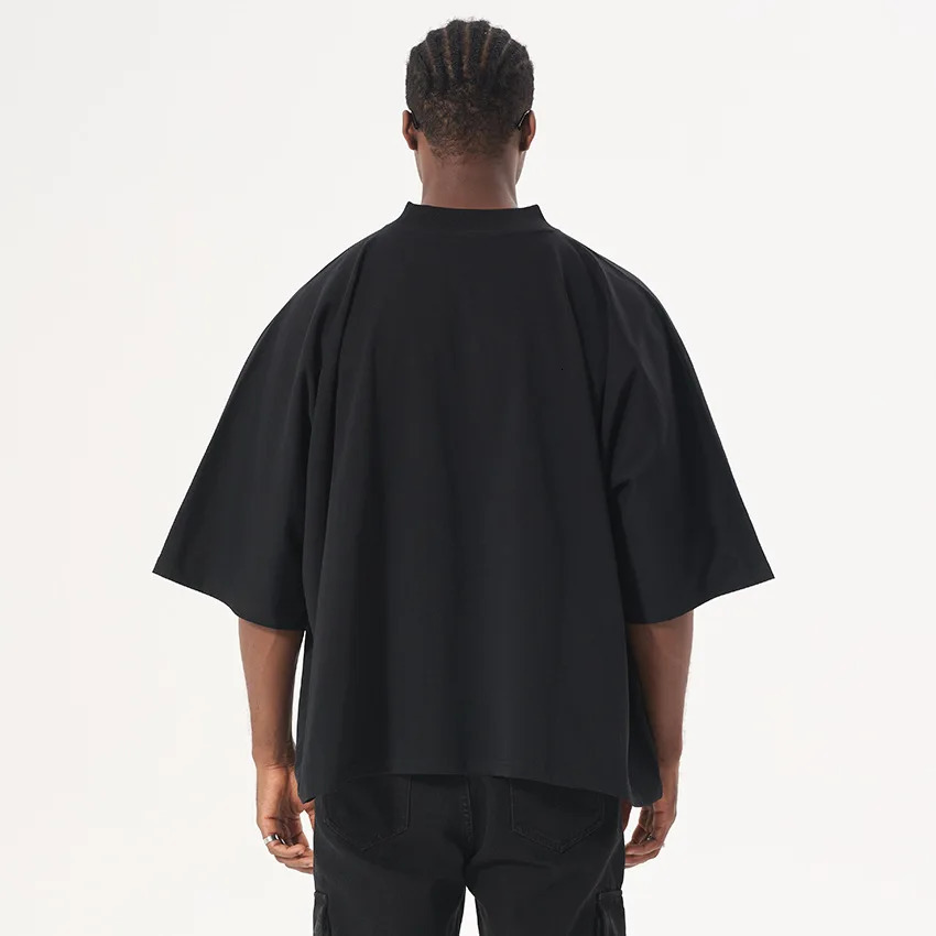 300GSM Heavyweight Cotton Boxy Cropped Tee Slim Neck Streetwear T-Shirt Hip Hop Mens Short Wide Distressed Shirt 260304