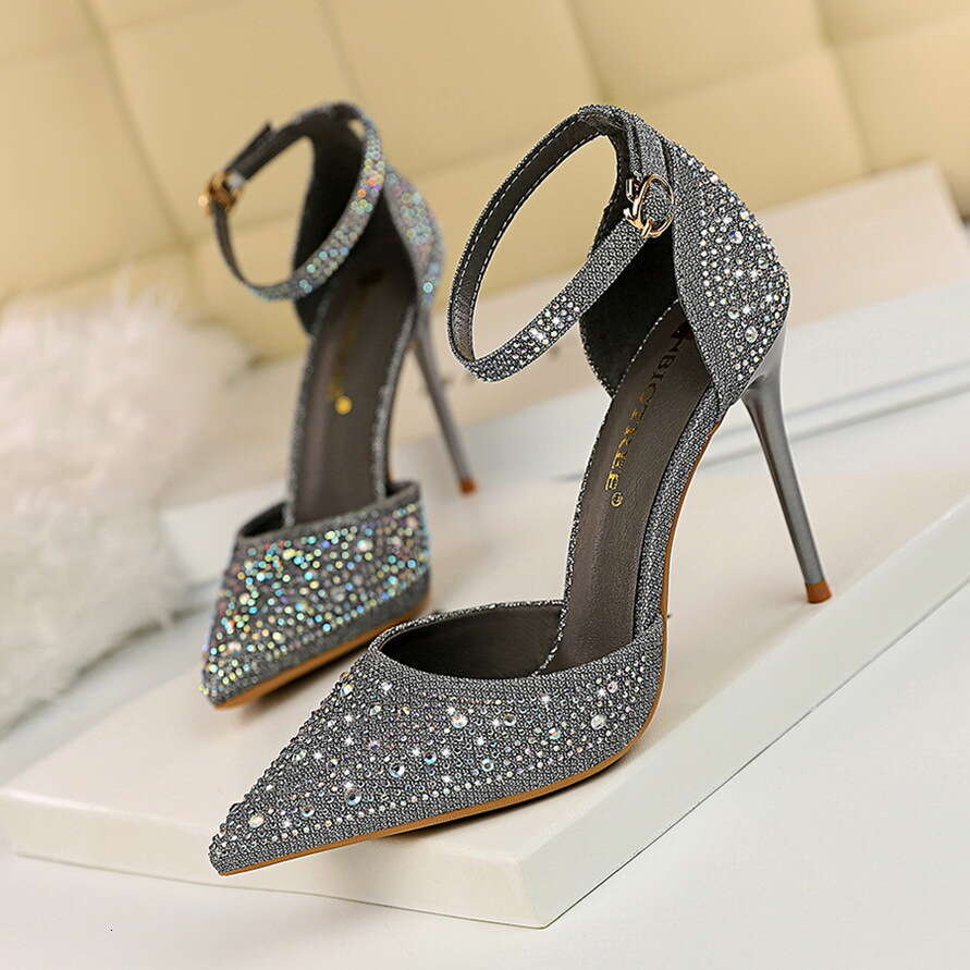 Women Style Sweet Heels Thin High Heel Shallow Mouth Pointed Toe Hollow Strap Shiny Rhinestone Women S Sandals