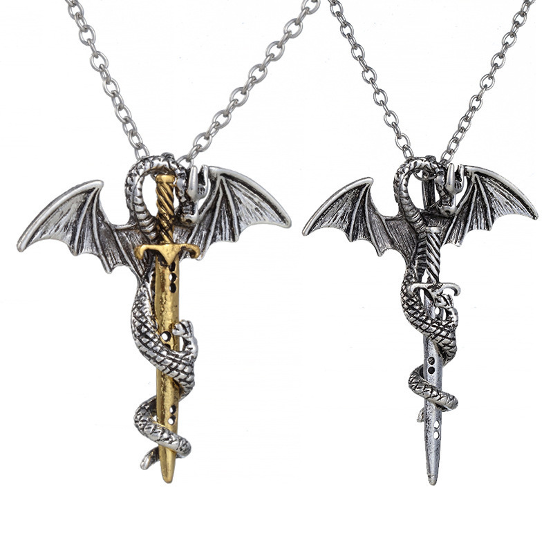 Necklace European and American Fashion Retro Pterosaur Necklace Wrapped Metal Personality Necklace Punk Rock Style Dragon Sword Sweater Chain Necklace