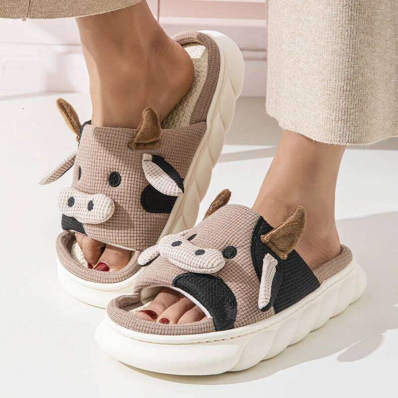 Litfun Thick Bottom Linen Women Lovely Cartoon Home Couple Cute Cow Four Seasons Indoor Flat Slippers