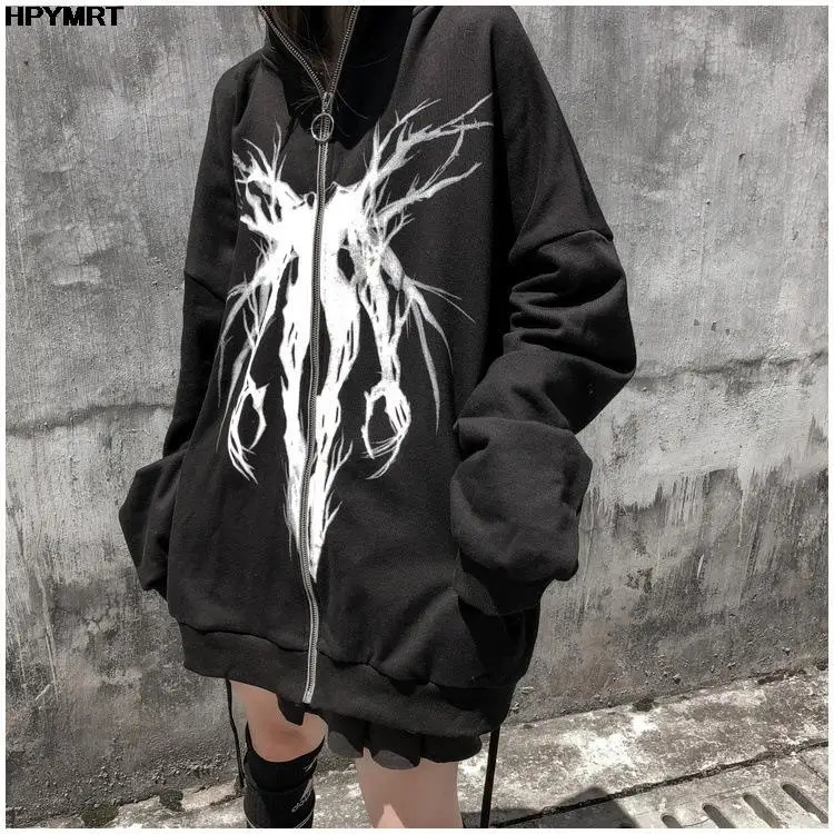 Autumn Fashion Punk Graphic Print Hip Hop Zipper Hoodie Men Women Harajuku Oversized Hooded Sweatshirt Gothic Vintage Streetwear 260228