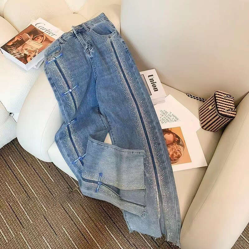 Mardi Hefxessdr Denim Pant Women Jeans Long Pants Slim Fit High Waist Straight Trousers Hot Drilling Y2k Streetwear Elegant Splice Work pants jeans wo