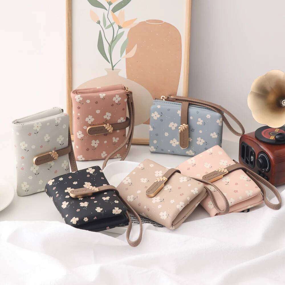 Women Short Wallet Cute Leaf Flower Pattern Design Girl Zipper Coin Purse Ladies ID Credit Card Holder PU Small Clutch Money Bag C260304