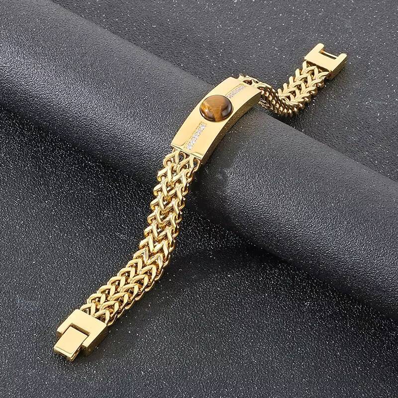 Fashion Tiger Eye Stone Rhinestones Inlaid Bracelets Mens Stainless Steel Double Layer Herringbone Links Cuban Chain Bracelet