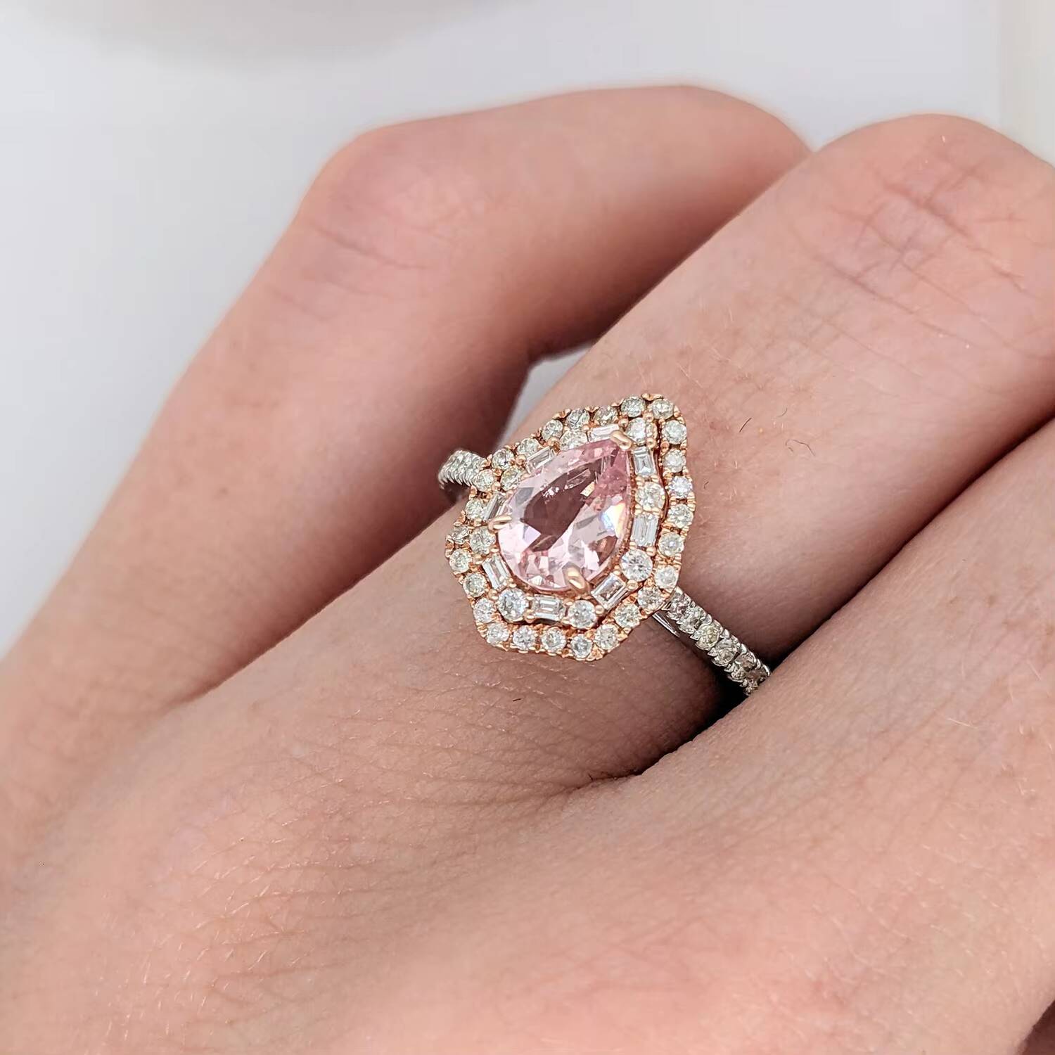 Pink Morganite 14K White Gold Classic Engagement Wedding Ring with Pear Cut 7x5mm Baguette and Round Diamonds