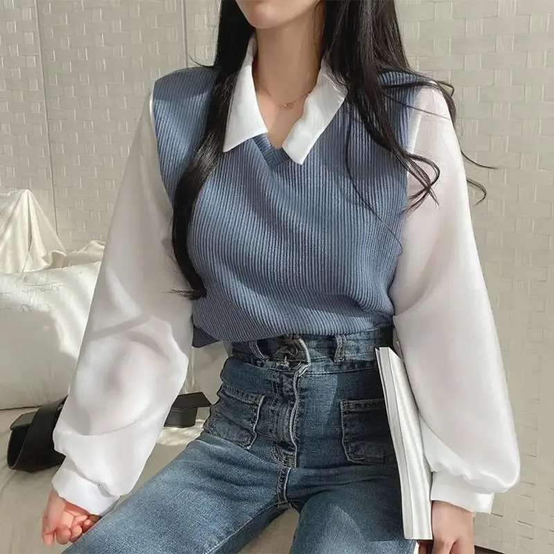 Summer Blouse Women Korean Style False Two-piece Polo Collar Blouses Y2k Tops Streetwear Loose Youth Pullovers Elegant Shirt 260306