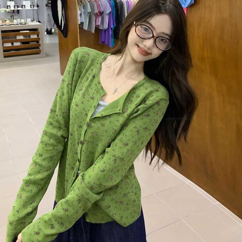 Lazy Style Sweet and Spicy Round Neck Green Floral Fresh Knit Cardigan Sweater Jacket Womens Outerwear Long Sleeved Top M260306
