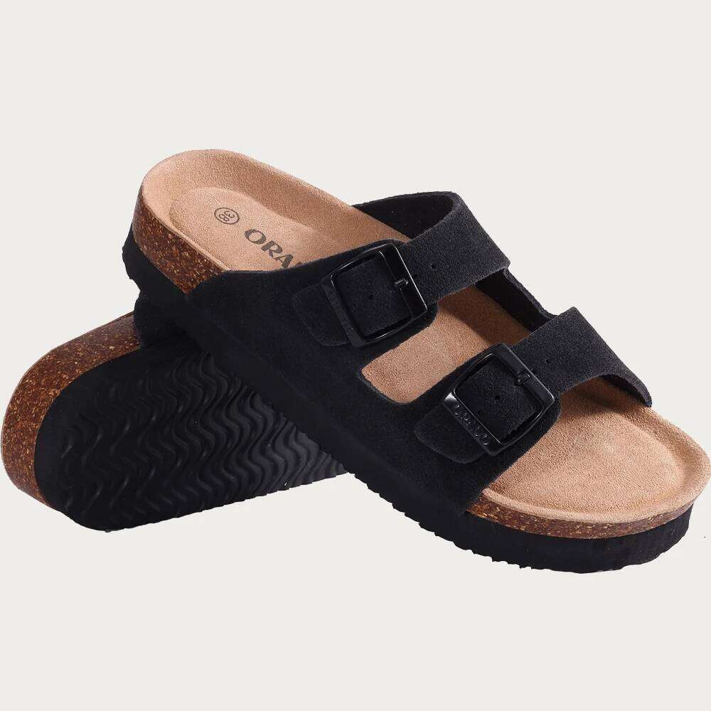 Litfun Women's Cork Footbed Classic Leather Flats Slippers Thick Bottom Double Buckle Slides Beach Sandals Adjustable