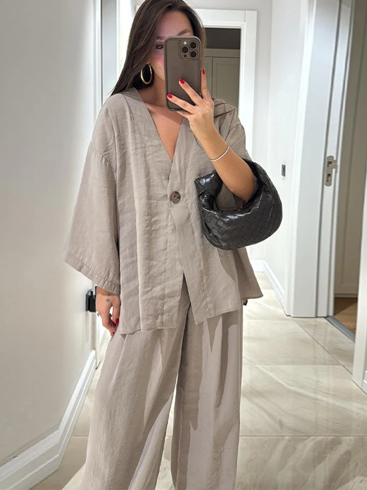 Solid Cotton Linen Shirt Pants Suits Women V-neck Long Sleeve Single Button Tops High Waist Wide Leg Pants Casual Ladies Outfits 260305