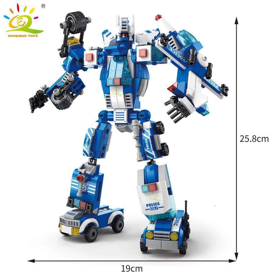 HUIQIBAO 533pcs 6in1 Police Truck Building Blocks City Construction Helicopter Car robot Bricks Set For Children Toys Kids Gift Z260306