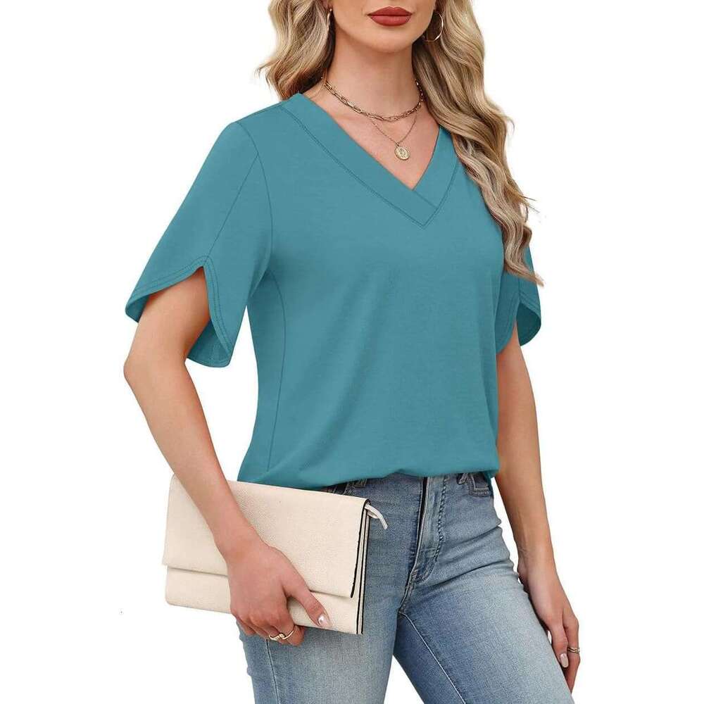 V Neck T Shirts for Women Designer Summer Spring Short Sleeve Shirt Dressy Business Casual Blouse Beach Vacation Clothes