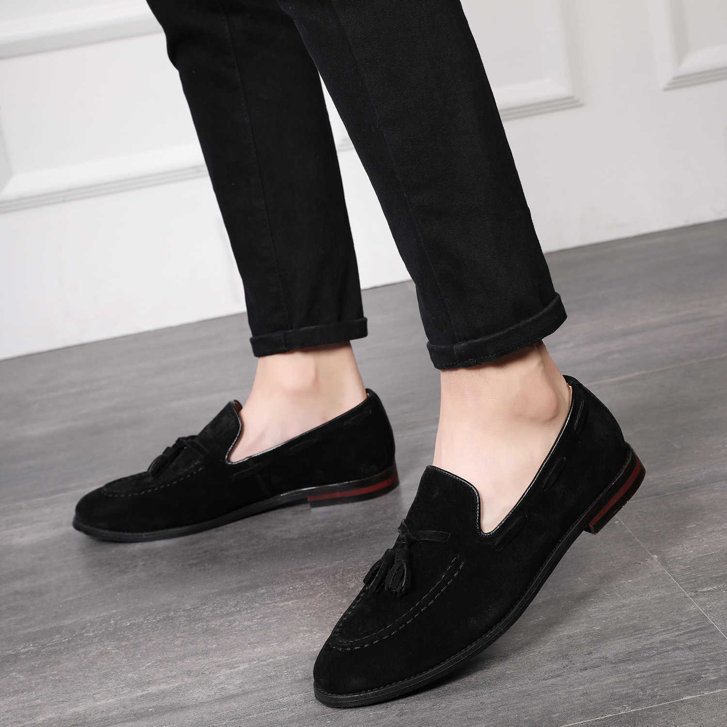 Men's Black Suede Tassel Loafers Slip-On Casual Dress Shoes Comfortable Low Heel Walking Shoes