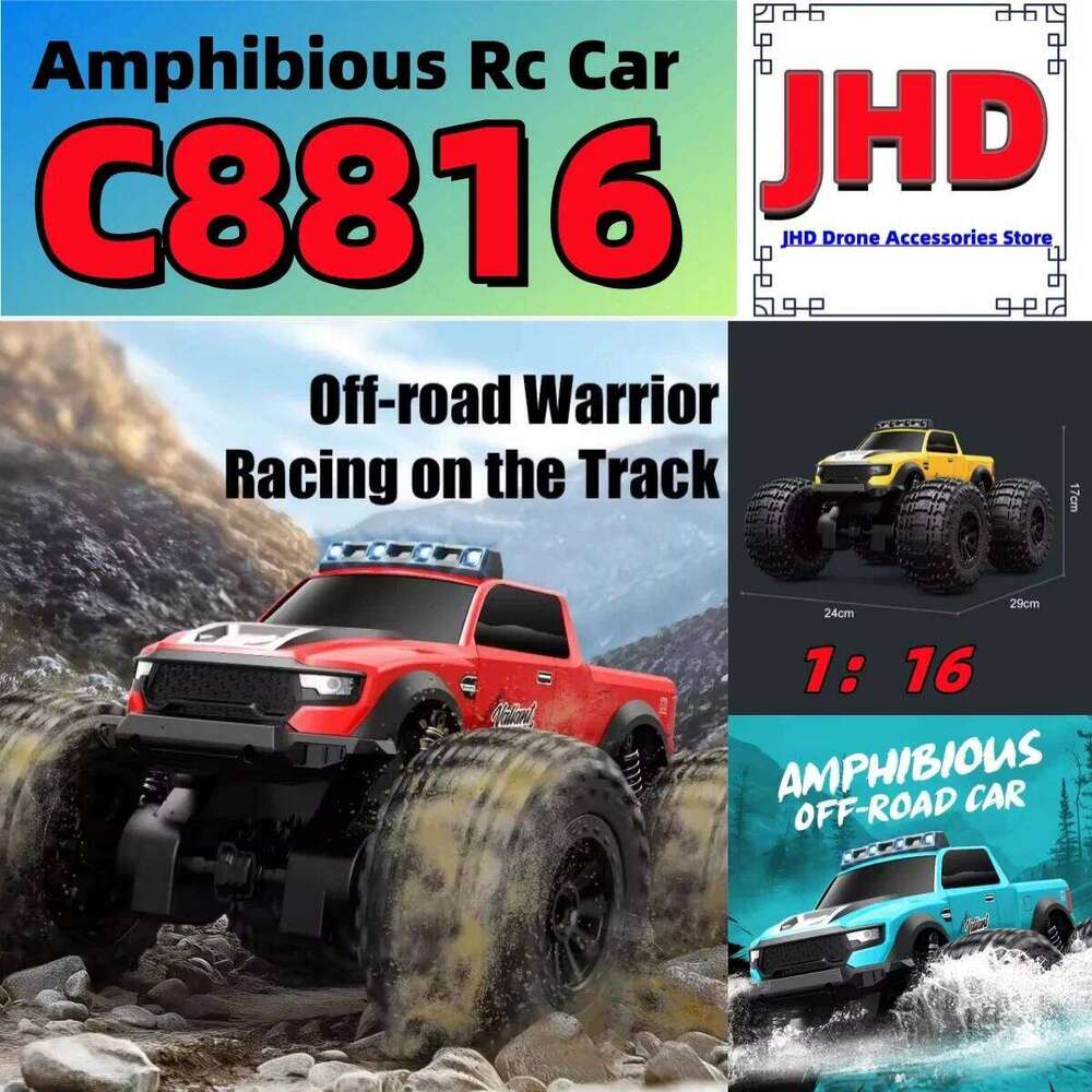 JHD For 2025 New JJRC Amphibious RC Car 4WD Off-Road Climbing Monster Truck with LED Light 4-wheeled Buggy C8816 C260305