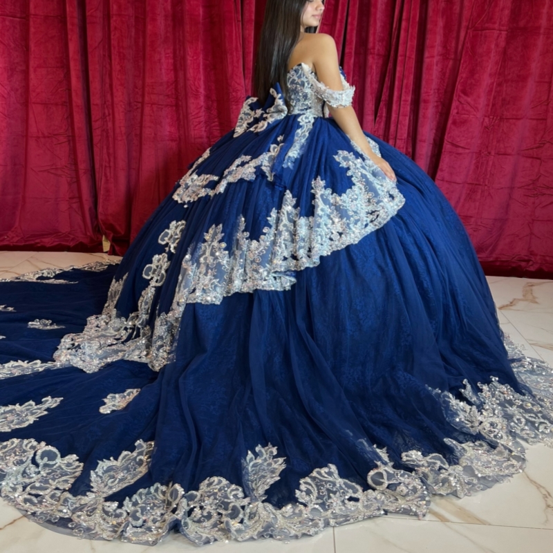 Navy Blue Quinceanera Dresses Ball Gown Off The Shoulder Applique Lace Beading Crystal Bow Corset Party Birthday Sweet 16 Dress Vestidos 15 De Anos
