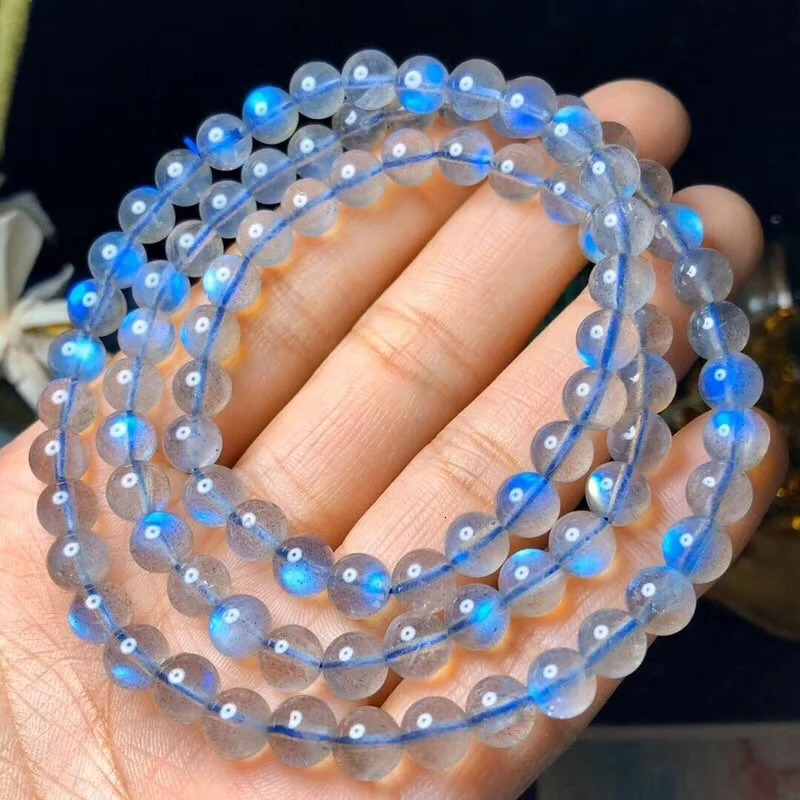Natural Labradorite Blue Light 3 Laps Bracelet 6mm Women Men Clear Round Beads Necklace Grey Moonstone Stone AAAAA 260302