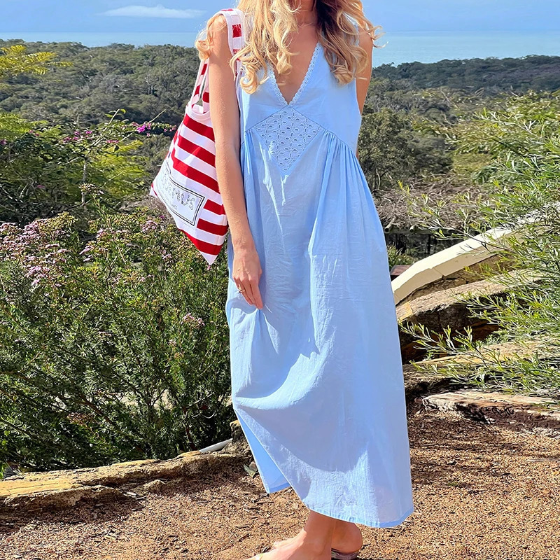 Women Lace V Neck Maxi Dress Boho Flowy Long Dress Summer Loose Sundress Vintage Y2K Aesthetic Going Out Beach A Line Dresses 260306