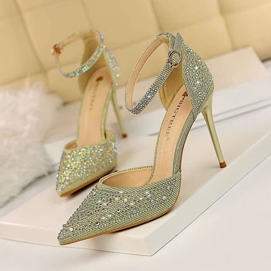 Women Style Sweet Heels Thin High Heel Shallow Mouth Pointed Toe Hollow Strap Shiny Rhinestone Women S Sandals