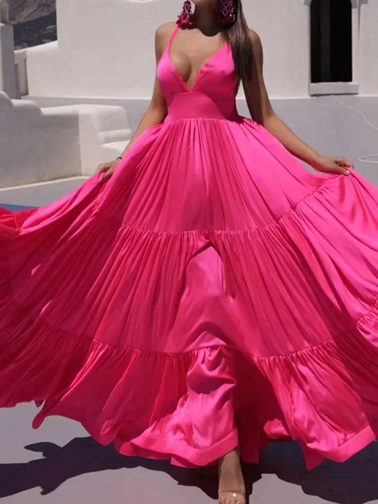 Sexy Backless Beach Party Dresses Elegant Deep V-neck Hight Waist Summer Dress Womens Fashion Sleeveless Solid Big Swing Dress X260306