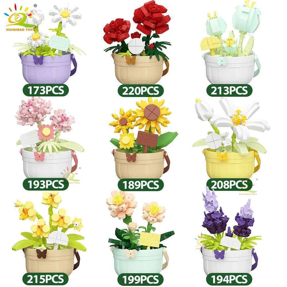 HUIQIBAO MOC Flower Micro Building Block DIY Rose Sunflower Pot Bouquet Mini Diamond Model Brick Toy for Children Desk Decor. Z260306