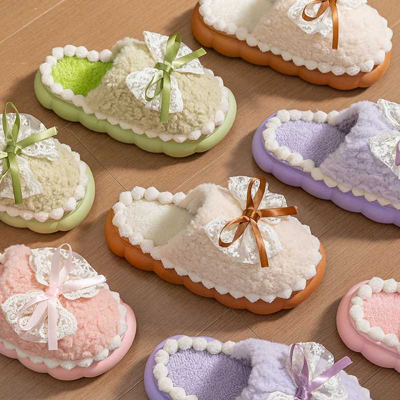 Winter Warm Fur Slippers For Women Thick-Soled Household Slippers Cute Bow Non Slip Soft Home Shoes Indoor Plush Womens Slipper S260305