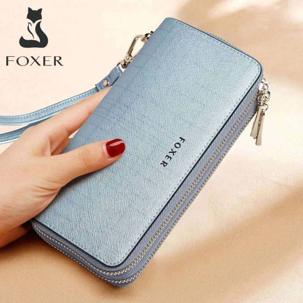 FOXER Split Leather Lady's Wallet Bifold Long Clutch with Wristlet Fashion Card Holder Coin Purse Cellphone Money Bag C260304