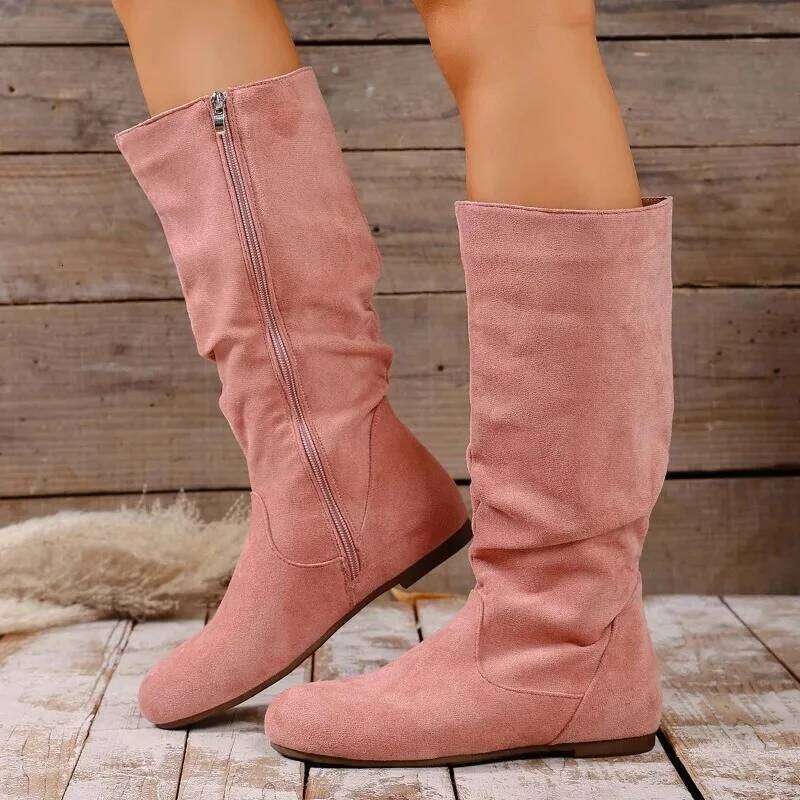 2025 Winter New Fashionable Side Zipper Tall Retro Suede Soft Bottom Anti Slip Fashion Boots