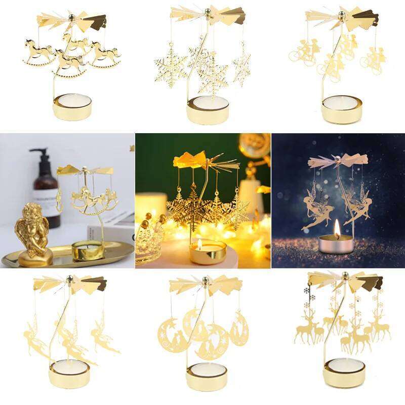 Creative Golden Rotating Candle Holder Carousel Tea Light Cup Standing Lamp Rack Gift Wedding Christmas Party Home Decorations XJ260305