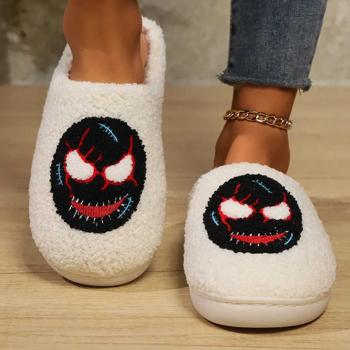 Fuzzy Women Slipper Winter Warm Kawaii Cartoon Plush Contton Indoor Funny Ghost Mask Floor House Home Shoe Female Halloween S260305
