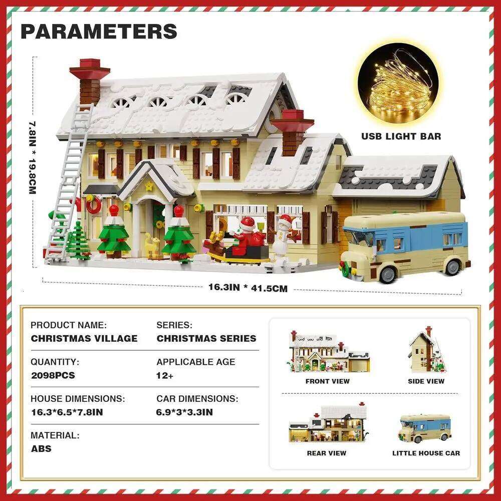 Christmas Village Building Kit with Lights, Snowy Cabin, Camper, 2098 Pieces, Holiday Scenery Toy for Adults Z260305
