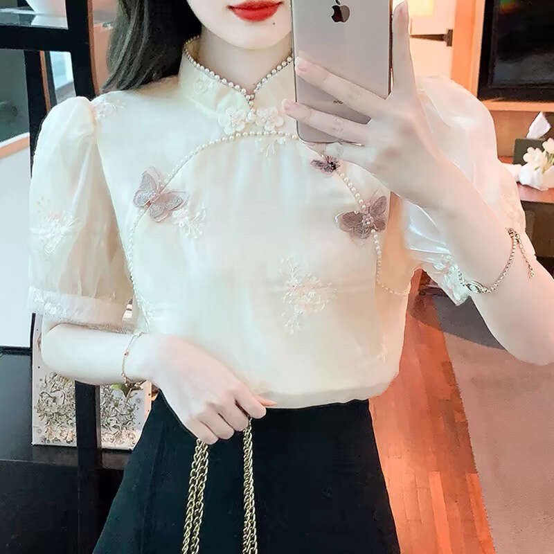 2026 Women's Summer New Design FashionBubble shirt chiffon topable Embroidered Heavy Work Beaded Women's irt Standing collar butterfly embro