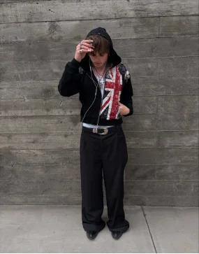 Y2K American Black Fashion Trend Flag Printed Hip Hop Men and Women Zipper Hoodies Casual Punk Loose Zipper Streetwear 260304