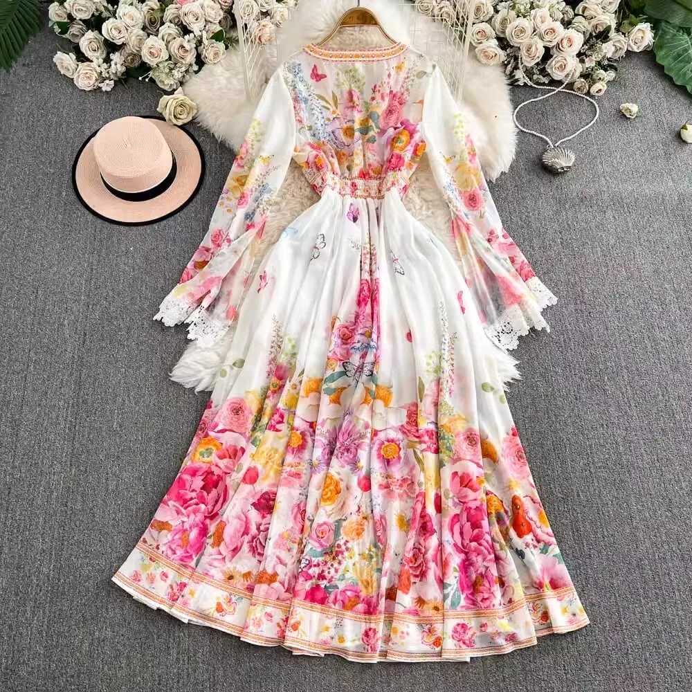 Elegant Floral Long Maxi Dresses Women 2025 Spring Summer Holiday Flare Full Sleeve Print Lace Deep V Neck Evening Party Vestido X260306