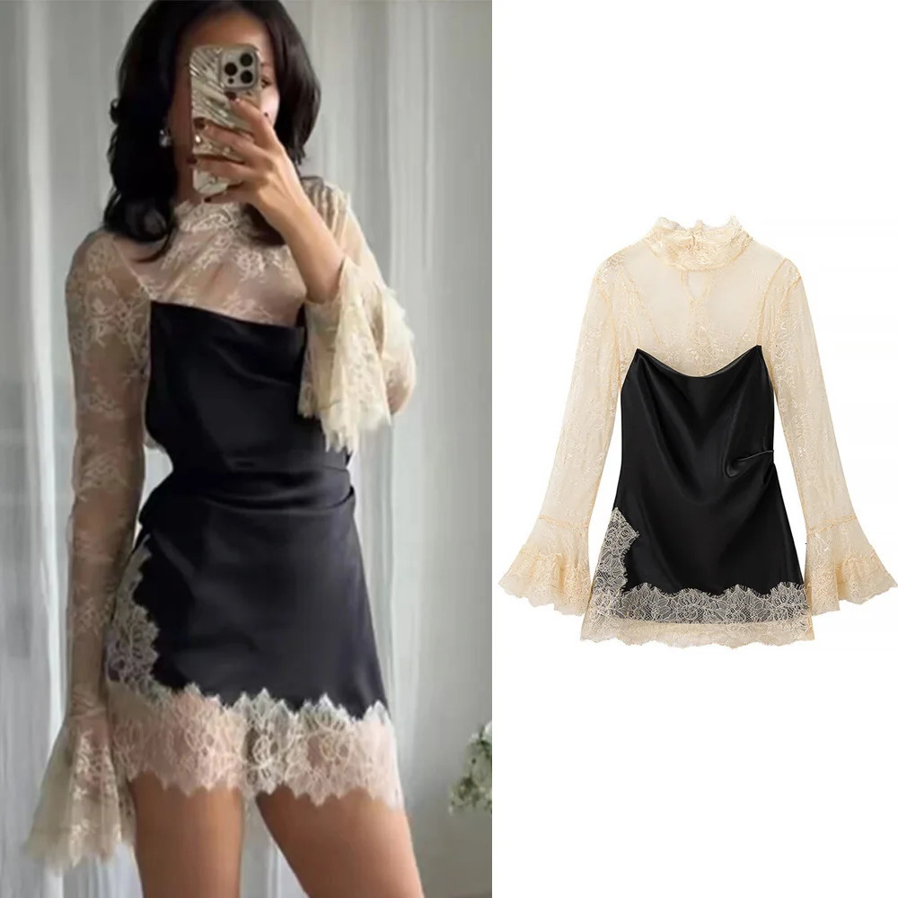 PRINTKAOIR 2026 Spring Elegant Sexy Lace Patchwork Mini Dress Women Flare Sleeve See Through Short Dresses Lady Club Party Gowns 260302