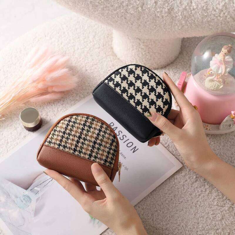 Fashionable semi-circular checkered texture double zipper mini bag Can hold earphones, keys and a large-capacity coin purse C260304