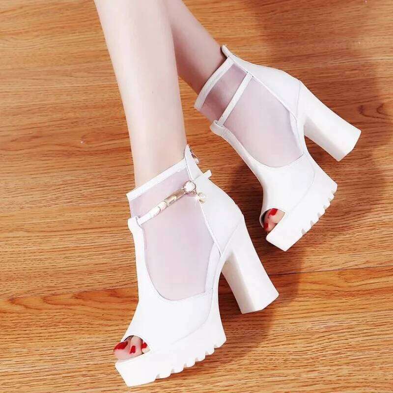 Women's Summer Peep-Toe Ankle Boots, Mesh Breathable Chunky Heel with Metal Chain Strap, Casual Shoes for Beach Party Vacation