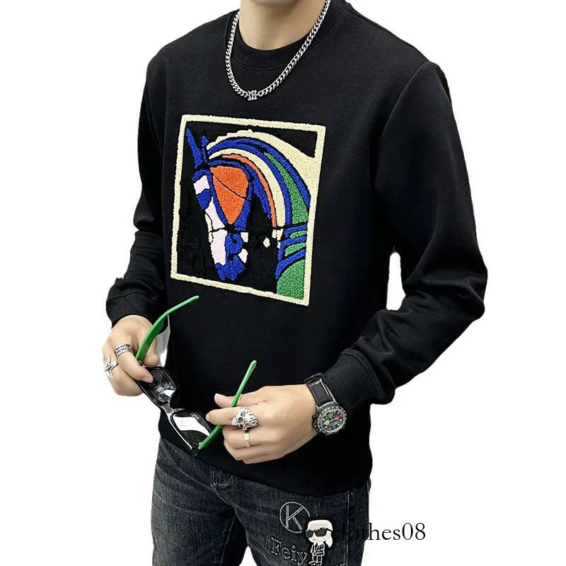 High-End Long Sve Hoodie Men's Embroidered Head Pattern round Ne Base irt Quali European Faion Youth Cotton ...