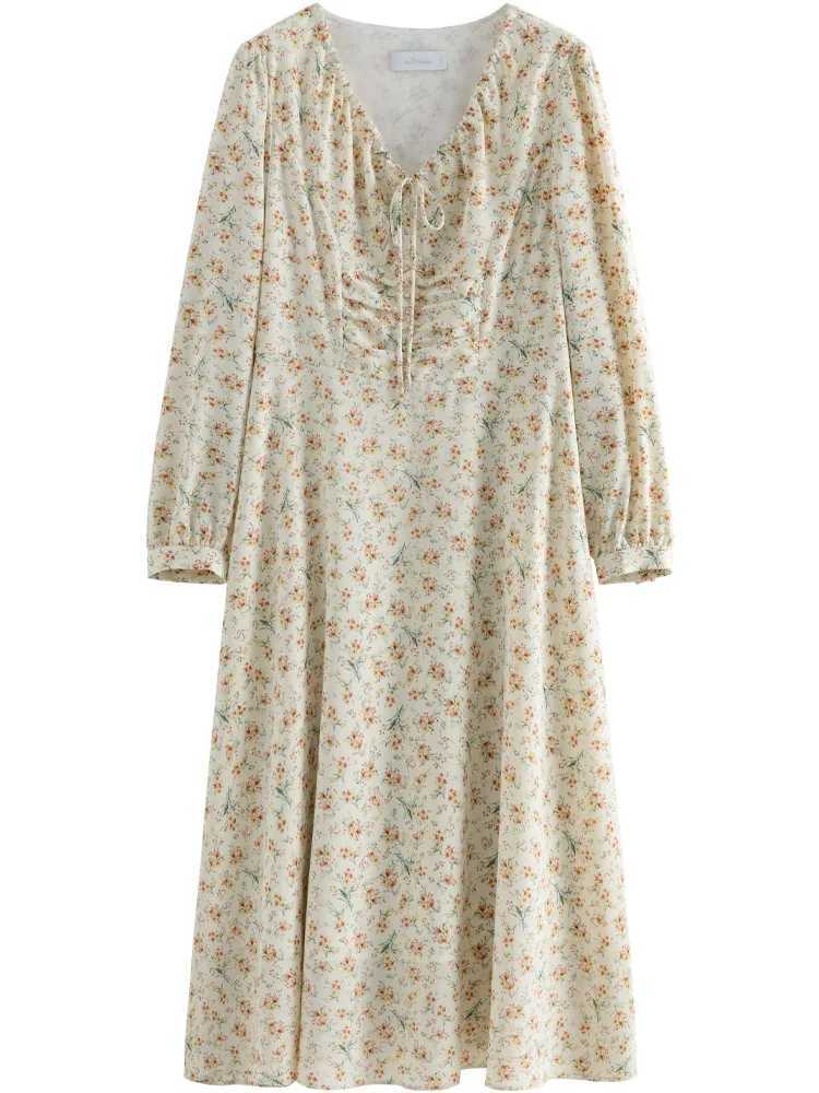 DUSHU Spring New Women Floral Chiffon Long Dress Lace-up V-Neck Design Female Print A-LINE Dresses 24DS8115324DS82765 X260306