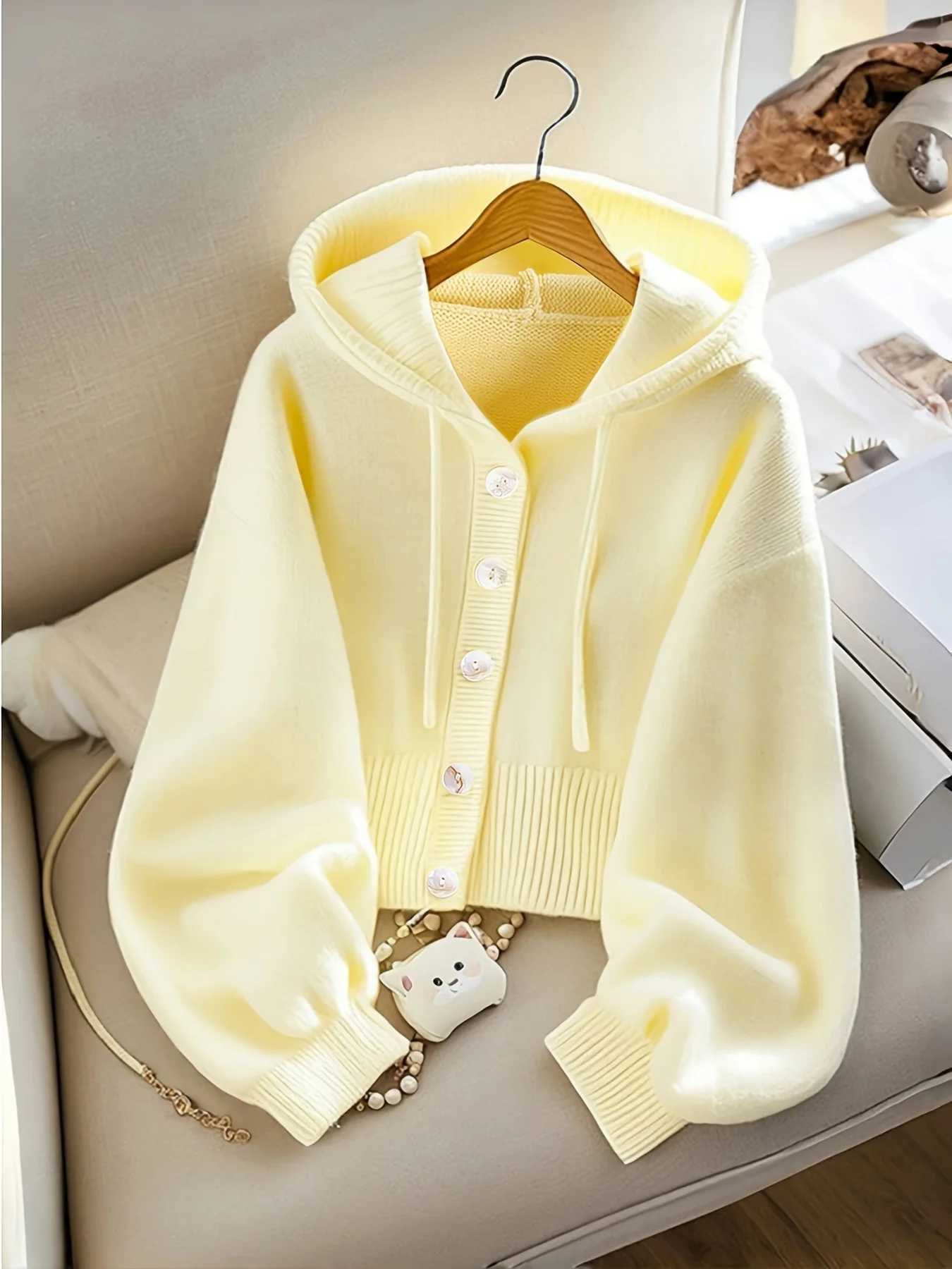 Womens yellow loose hooded knitted cardigan spring autumn solid color versatile casual knitted sweater coat M260306