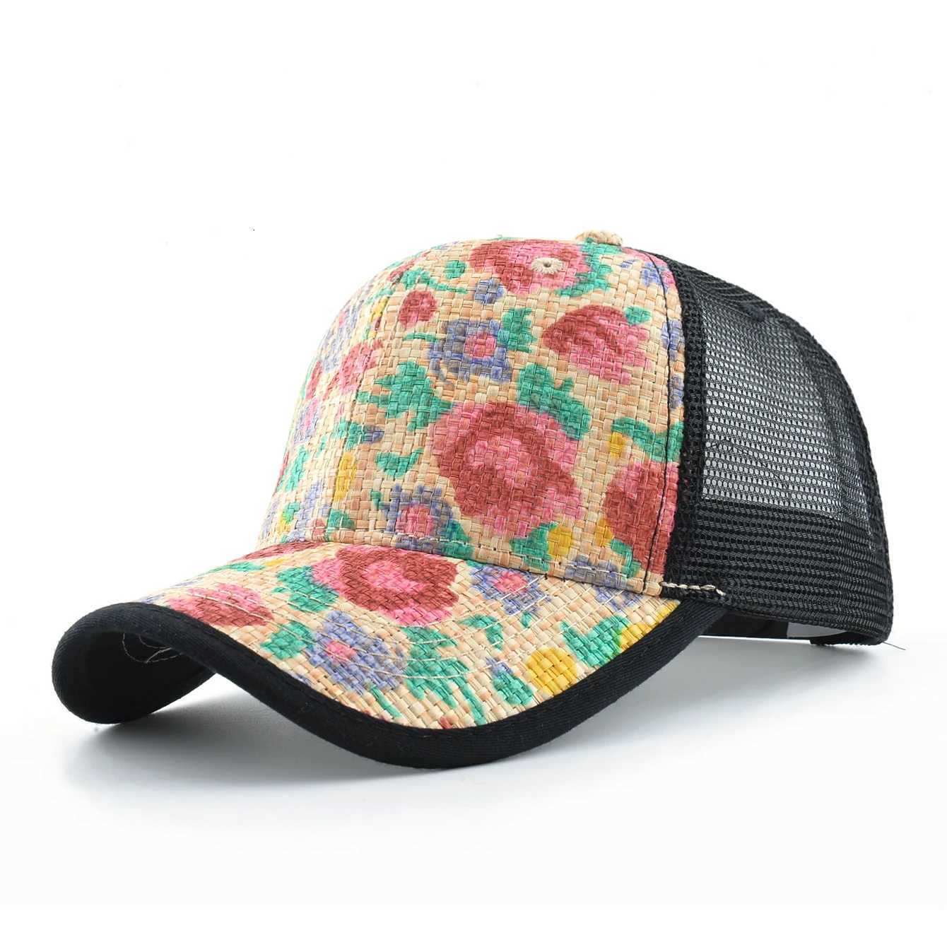 Straw Floral Baseball Cap Women Summer Breathable Mesh Visor Cap Outdoor Casual Sport Snapback Cap Adjustable S260306