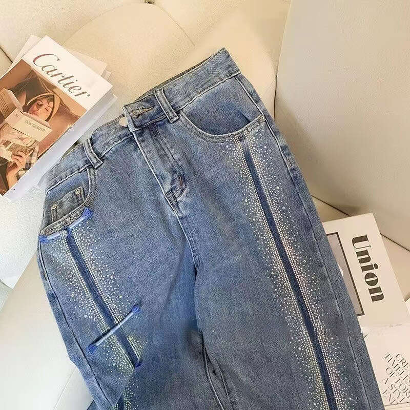 Mardi Hefxessdr Denim Pant Women Jeans Long Pants Slim Fit High Waist Straight Trousers Hot Drilling Y2k Streetwear Elegant Splice Work pants jeans wo
